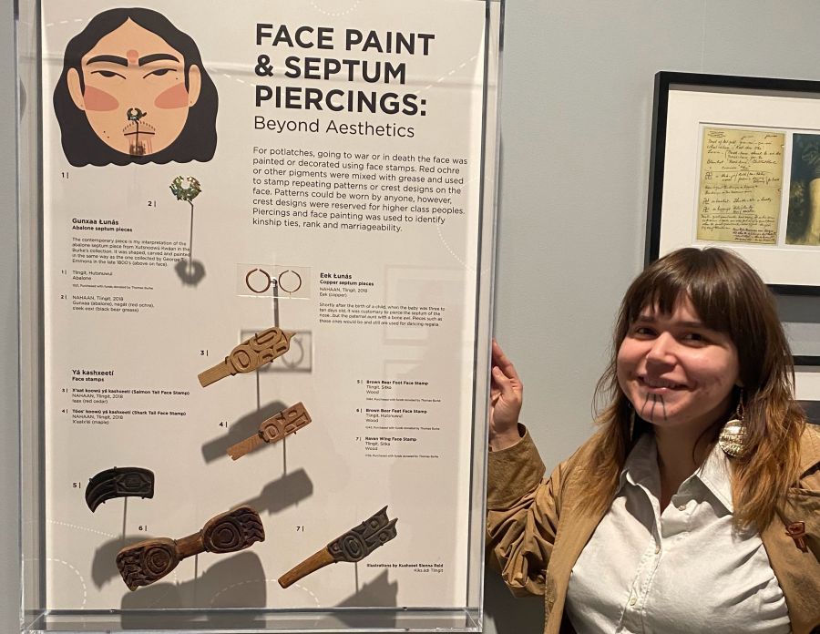 My friend Marjorie at the Burke Museum's Body Language exhibit which featured my digital art.